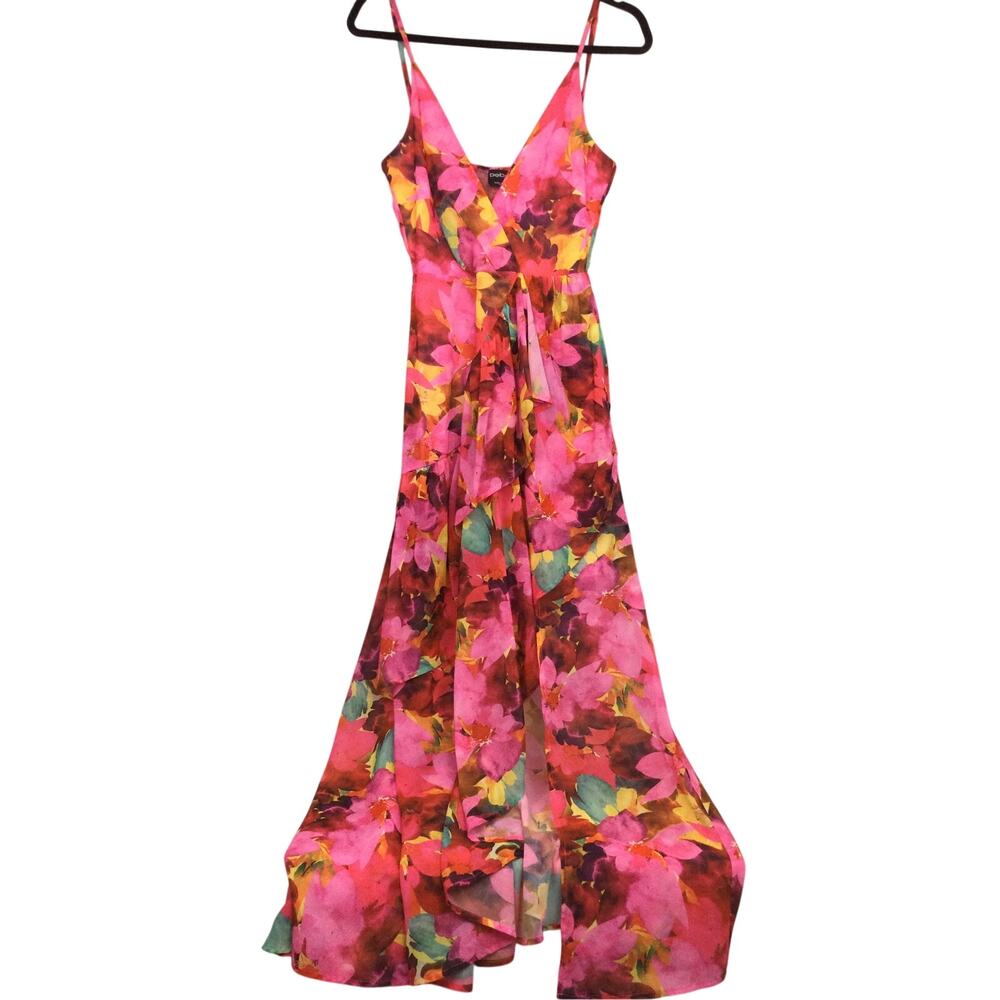 Bebe Floral Resort Asymmetric Tiered Faux Wrap Empire Waist Sheer Maxi Dress M